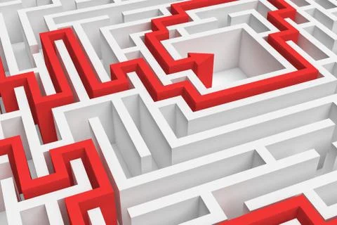 3d rendering of a white square maze in close up view with a red arrowed line Stock-Illustration