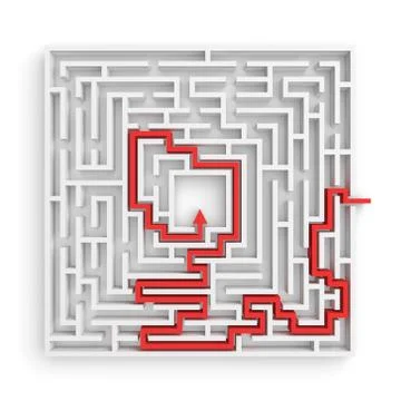 3d rendering of a white square maze with a red arrowed line showing the solution Stock Illustration