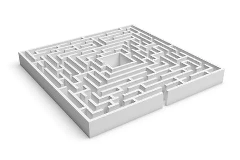 3d rendering of white square maze consruction with an entrance isolated on white Stock Illustration
