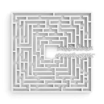 3d rendering of a white square maze with a direct route cut right to the center イラスト素材
