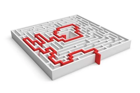 3d rendering of a white square maze with a red arrowed line showing the solution Stock Illustration