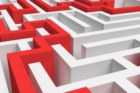 3d rendering of a white square maze in close up view with a red arrowed line Illustration
