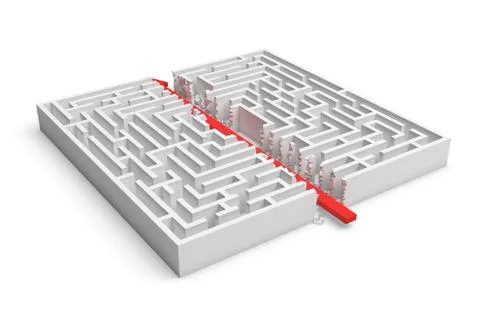 3d rendering of a white square maze in side view divided in half by a red arrow 스톡 일러스트