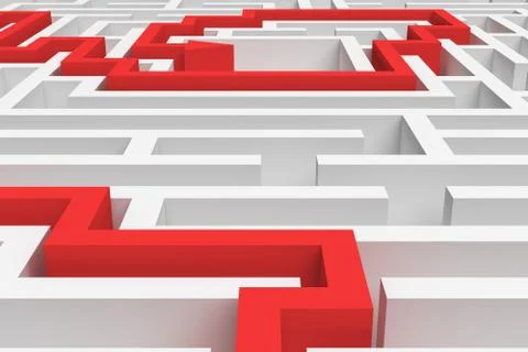 3d rendering of a white square maze in close up view with a red arrowed line Stock Illustration