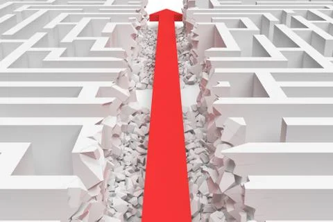 3d rendering of a white square maze in side view divided in half by a red arrow Stock Illustration