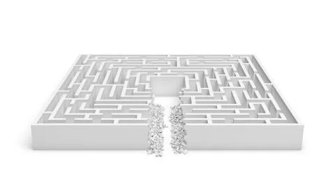 3d rendering of a white square maze with a direct route cut right to the center Stock Illustration