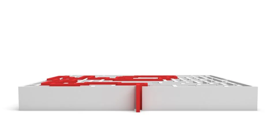 3d rendering of a white square maze with a red arrowed line showing the solution Illustration