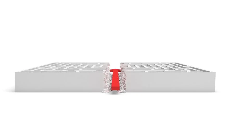 3d rendering of a white square maze in side view divided in half by a red arrow Stock-Illustration