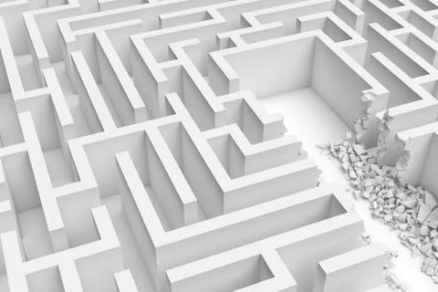 3d rendering of a white square maze with a direct route cut right to the center Stock Illustration
