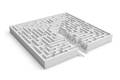 3d rendering of a white square maze with a direct route cut right to the center Stock Illustration