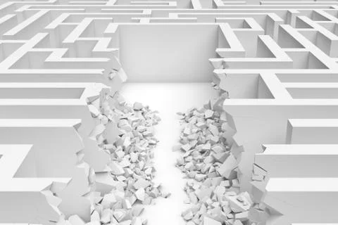 3d rendering of a white square maze with a direct route cut right to the center Stock Illustration