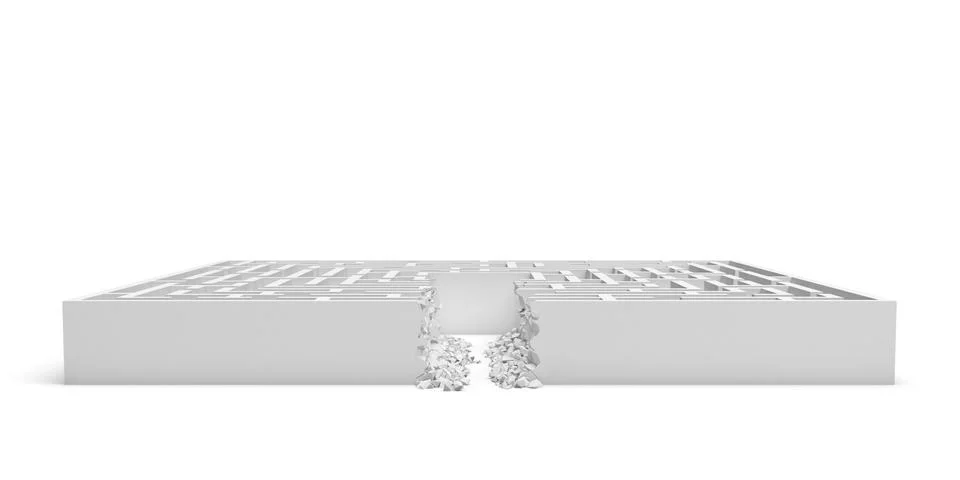 3d rendering of a white square maze with a direct route cut right to the center Stock Illustration