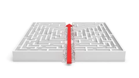 3d rendering of a white square maze in side view divided in half by a red arrow Stock Illustration
