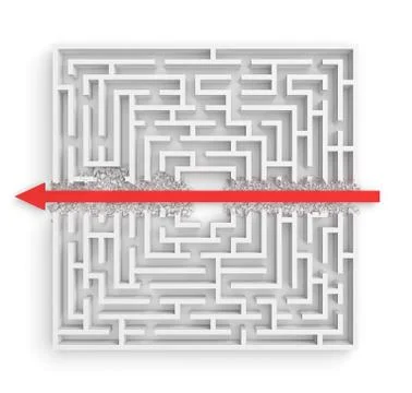 3d rendering of a white square maze in side view divided in half by a red arrow Stock Illustration