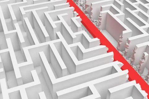 3d rendering of a white square maze in side view divided in half by a red arrow Stock Illustration