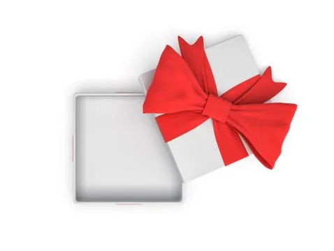 3d rendering of a white square opened gift box with a red bow on white Stock Illustration