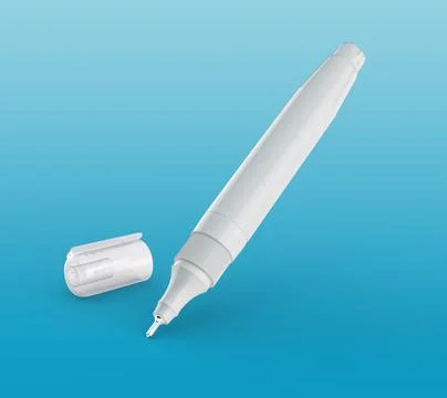 3D rendering of white squeeze correction pen with open lid on blue background Stock Illustration