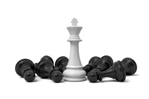3d rendering of a white standing king chess piece surrounded by fallen pawns. Stock Illustration