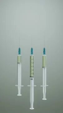 3D rendering of white syringes lined up in a row against a solid gray background Foto stock