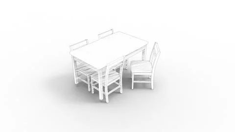 3d rendering of a white table and chairs isolated in white studio background Illustrazione stock