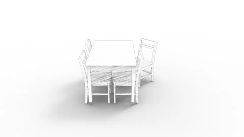 3d rendering of a white table and chairs isolated in white studio background Illustrazione stock