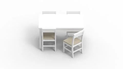 3d rendering of a white table and chairs isolated in white studio background Illustrazione stock