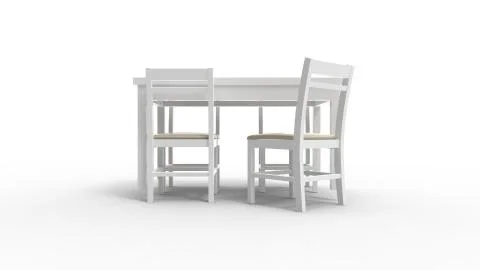 3d rendering of a white table and chairs isolated in white studio background Illustrazione stock