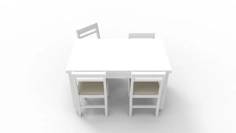 3d rendering of a white table and chairs isolated in white studio background Illustrazione stock