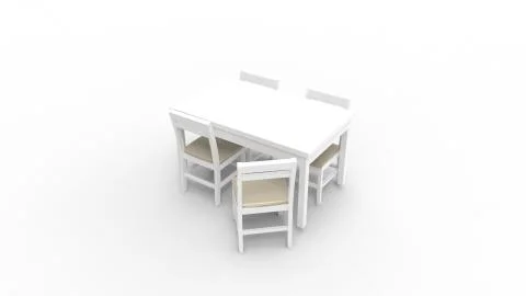 3d rendering of a white table and chairs isolated in white studio background Illustrazione stock
