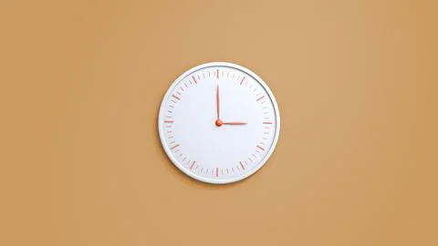 3d rendering of a white wall clock on a brown background. Illustrazione stock