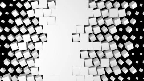 3D rendering of a white wall fragmentation into cubes isolated on a black Illustrazione stock