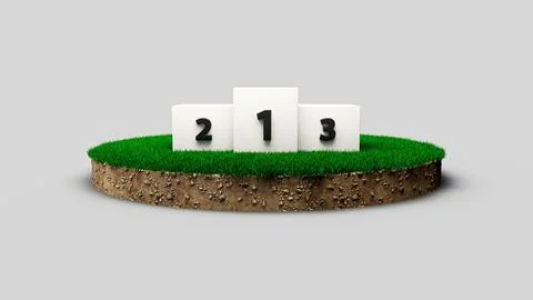 3D rendering of white winner podium on round green grass patch Stock Illustration