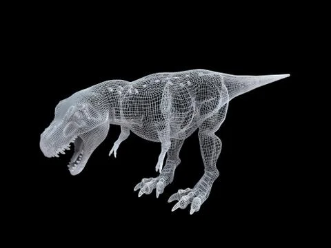 3d rendering of a white wired dino isoalted on black Stock Illustration