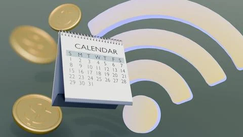 A 3D rendering of Wi-Fi signal icon, a calendar and gold coins Stock Illustration