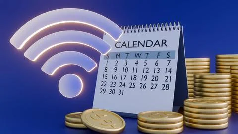 A 3D rendering of Wi-Fi signal icon, a calendar and gold coins Stock Illustration