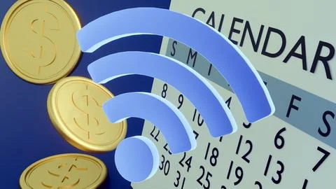 A 3D rendering of Wi-Fi signal icon, a calendar and gold coins Stock Illustration