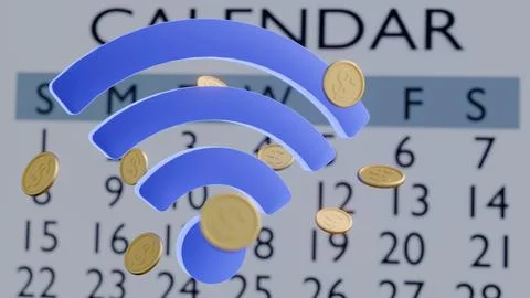A 3D rendering of Wi-Fi signal icon, a calendar and gold coins Stock Illustration