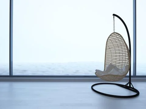 3d rendering wicker chair standing in an empty room on light parquet floor. Stock Illustration