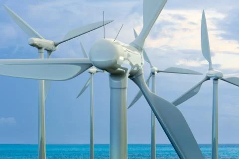 3D rendering of a wind farm over the ocean Stock Illustration