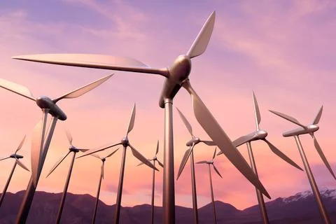 3D rendering of a wind farm at sunset Stock Illustration