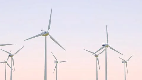 3d rendering of wind turbines in the field on pastel sunset sky background Illustrazione stock