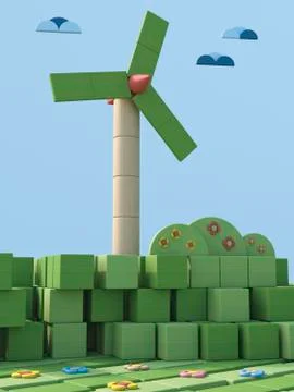 3D Rendering, Wind wheels, Wind park from toy blocks Ilustração Stock