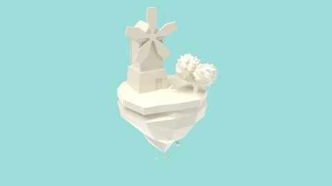 3d rendering of a windmill and tree cartoon on land isolated Stock Illustration