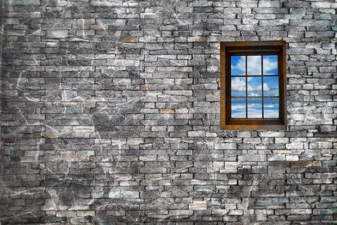 3d rendering of window with nice view in brick wall Stock Illustration