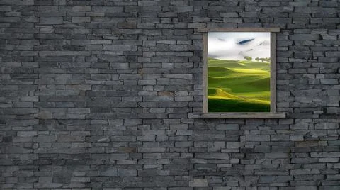3d rendering of window with nice view in brick wall Stock Illustration