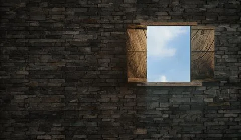 3d rendering of window with nice view in brick wall Stock Illustration