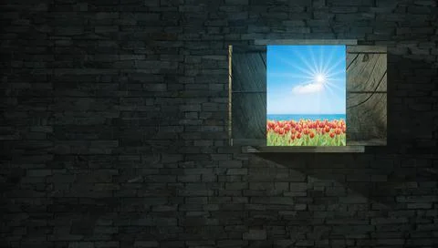 3d rendering of window with nice view in brick wall Stock Illustration