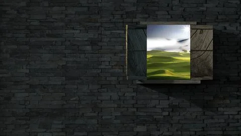3d rendering of window with nice view in brick wall Stock Illustration