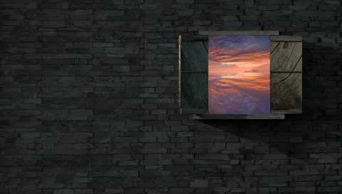 3d rendering of window with nice view in brick wall Stock Illustration