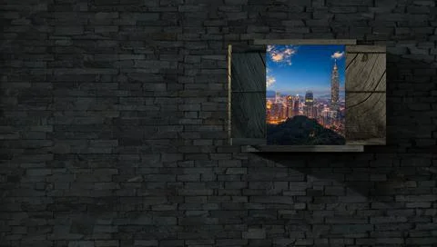 3d rendering of window with nice view in brick wall Stock Illustration